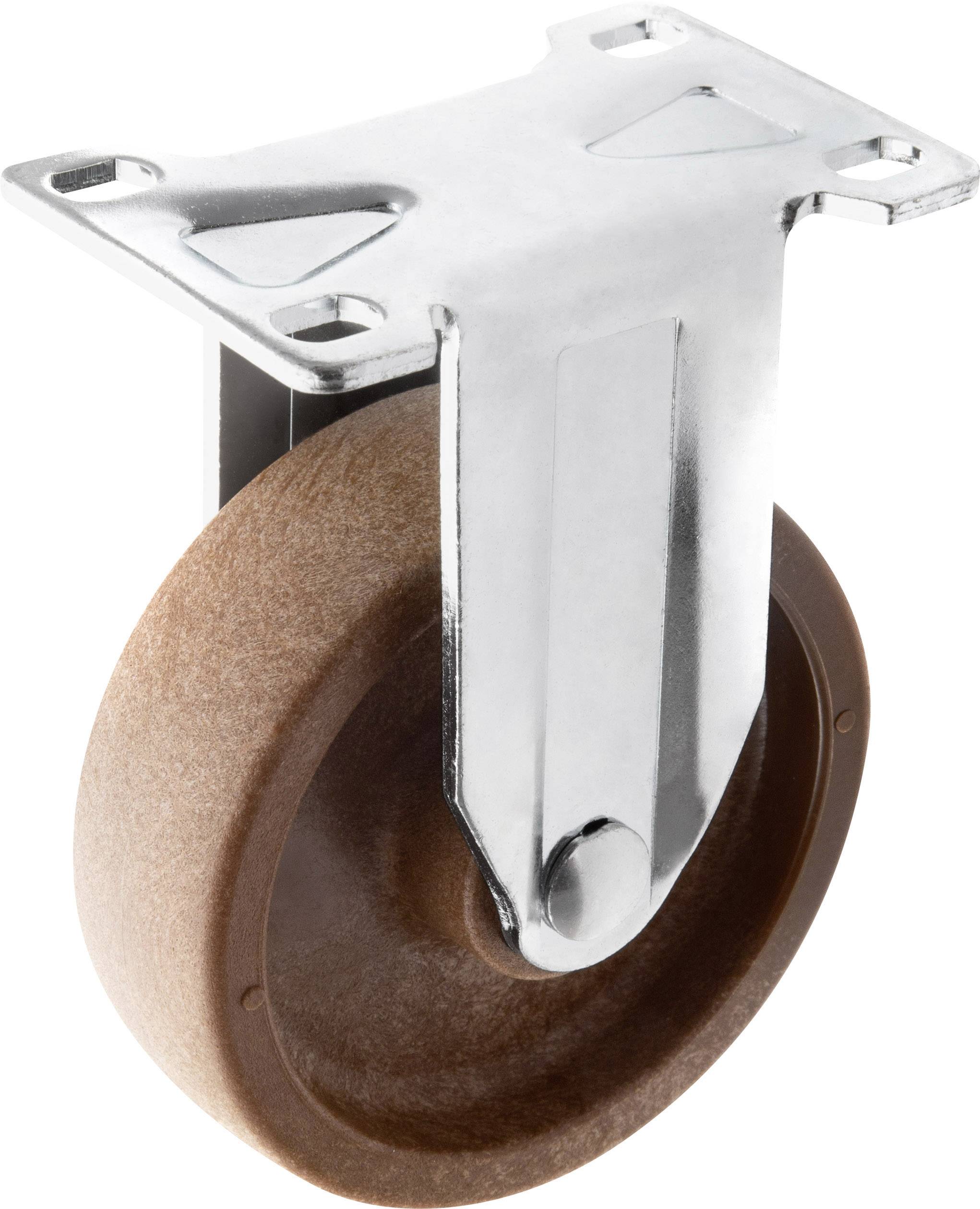 Roulette en métal avec roue brune, adaptée aux meubles et équipements industriels. Construction robuste avec plaque de fixation pour une installation facile.