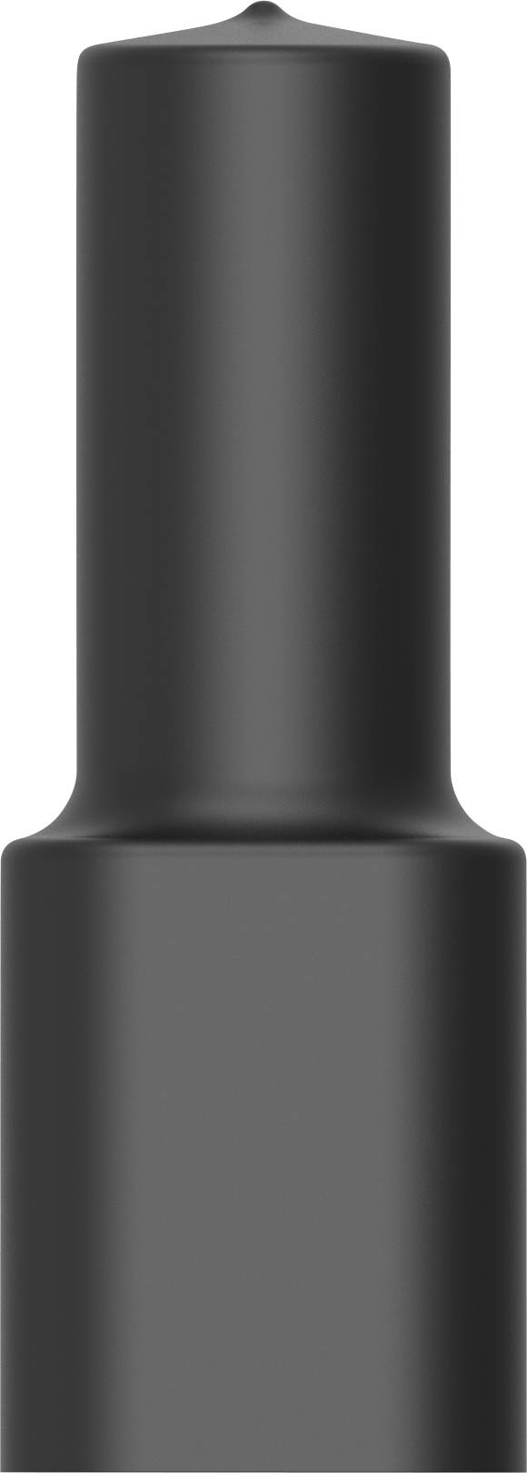 Un rouge à lèvres noir, debout verticalement, avec son capuchon fermé, sur un fond blanc, au design minimaliste et élégant.