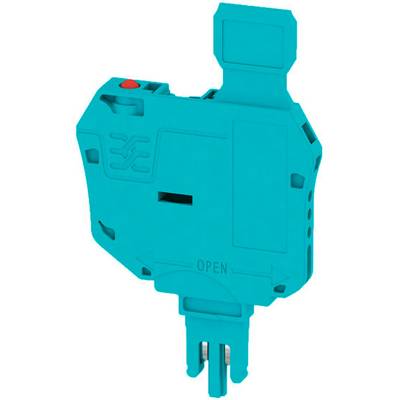 Un composant électrique bleu avec un interrupteur et un mécanisme de connexion. Il porte la mention 'OPEN'.
