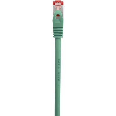 Un câble réseau vert avec une fiche RJ45. Pointe du connecteur en argent-rouge, le câble est étiqueté 'CAT6 S/FTP'.