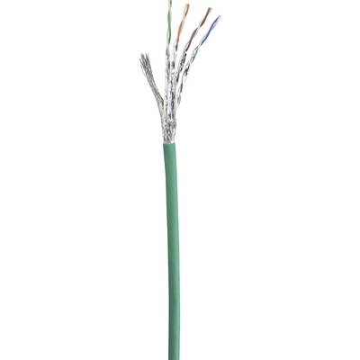 Câble vert à plusieurs fils avec blindage, typique des installations réseau, montrant la structure interne pour la transmission de données.
