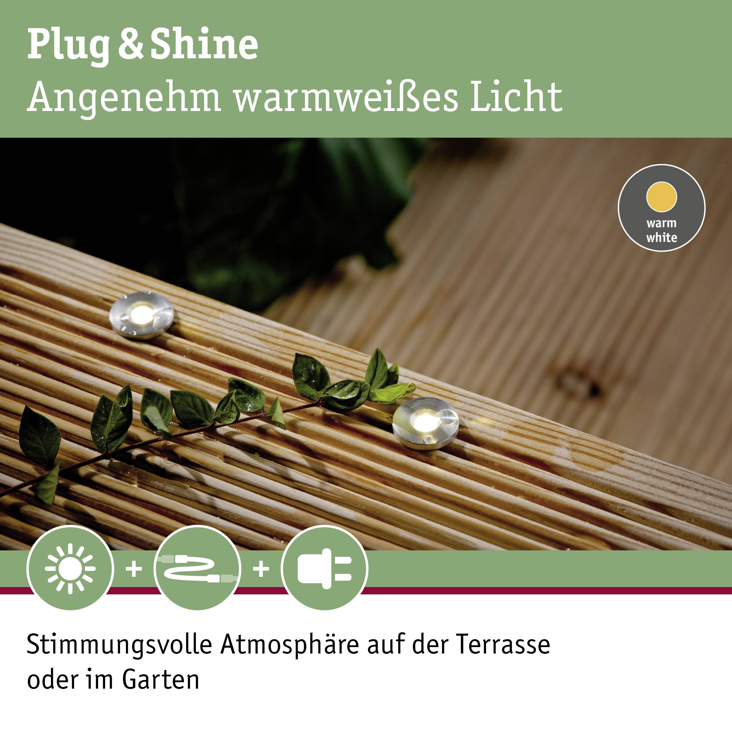 Lumières encastrées dans une terrasse en bois, avec le texte 'Plug & Shine : Une lumière agréablement blanc chaud. Pour une ambiance feutrée sur la terrasse ou dans le jardin'.