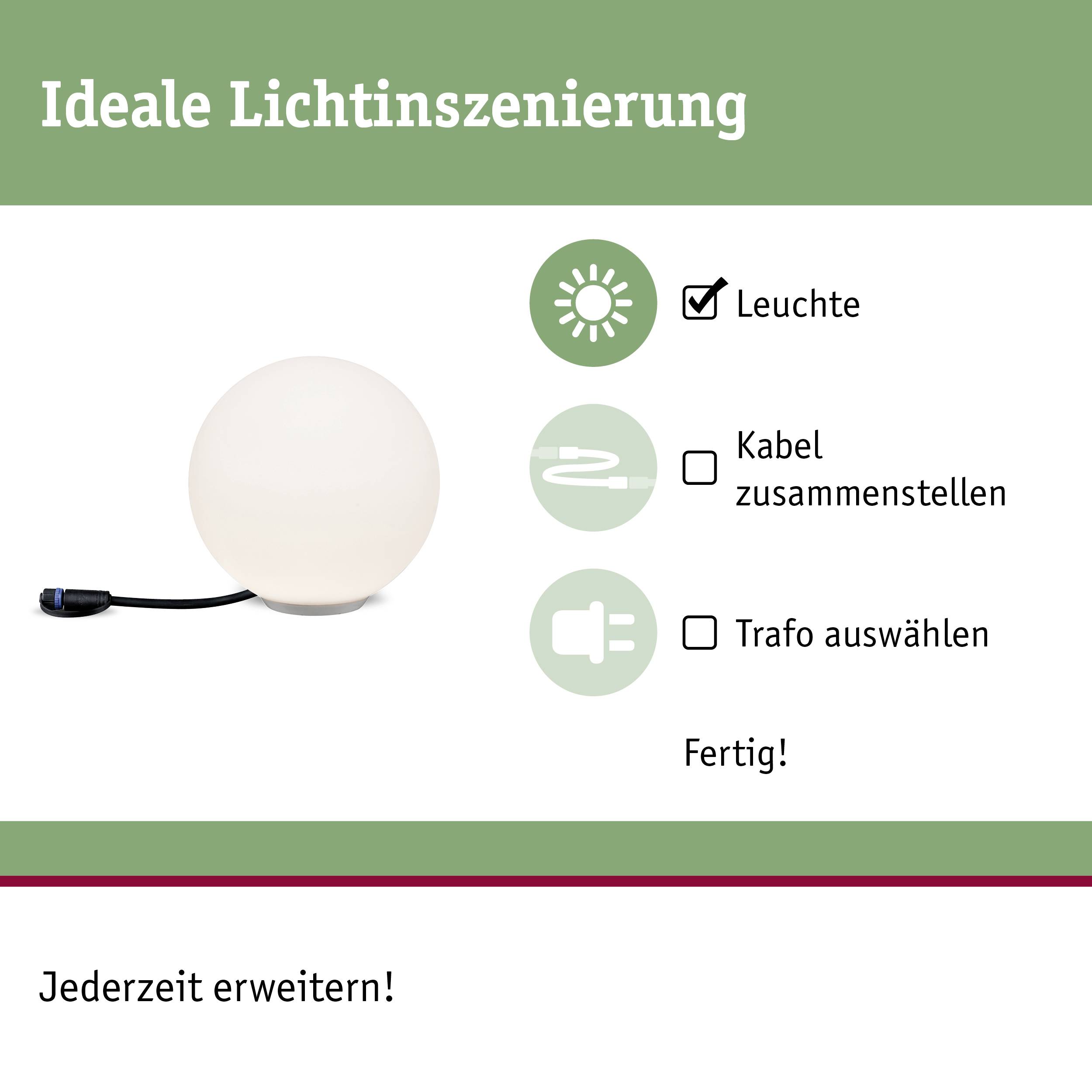 Lampe sphérique blanche avec prise électrique et texte : 'Mise en scène lumineuse idéale'. Étapes : assembler la lampe, réunir le câble, choisir le transformateur. Terminé !