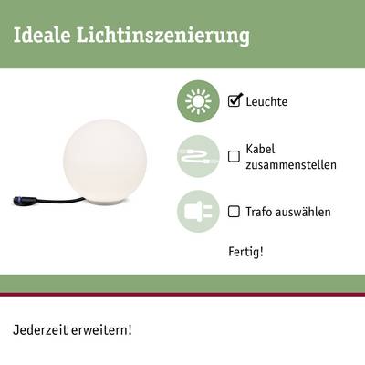 Lampe sphérique blanche avec prise électrique et texte : 'Mise en scène lumineuse idéale'. Étapes : assembler la lampe, réunir le câble, choisir le transformateur. Terminé !