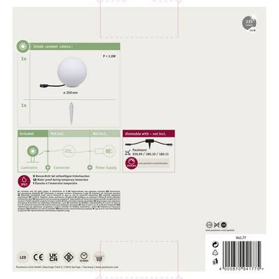 Dos de l'emballage d'une lampe avec détails techniques : 'P = 2,8W', comprend douille et globe, variable, avec fiche électrique, sans ampoule.
