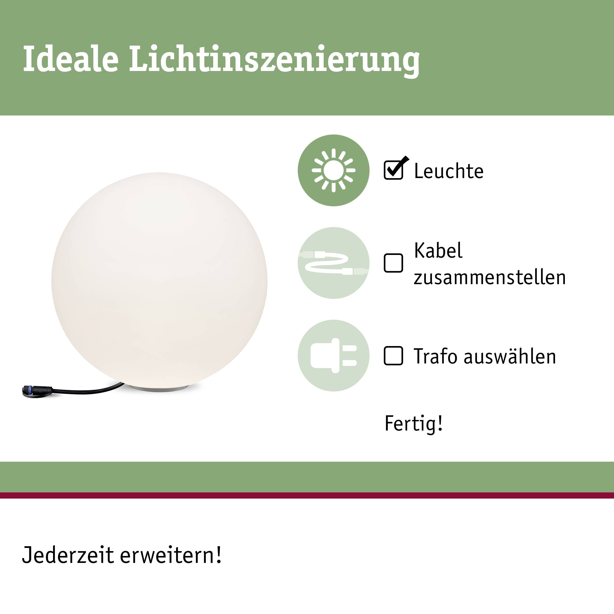 Une lampe blanche avec prise. Texte : 'Mise en scène lumineuse idéale', 'Luminaire', 'Assembler le câble', 'Choisir le transformateur', 'Terminé !', 'Extensible à tout moment !'