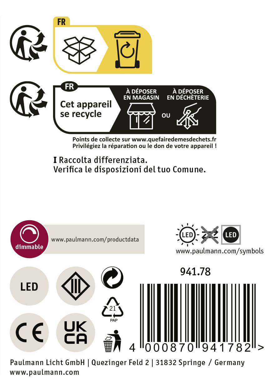 Appareil d'utilisation recyclable est écrit au-dessus d'un dessin de tri des déchets avec du texte en français et en italien. Informations de contact et de produit en bas.