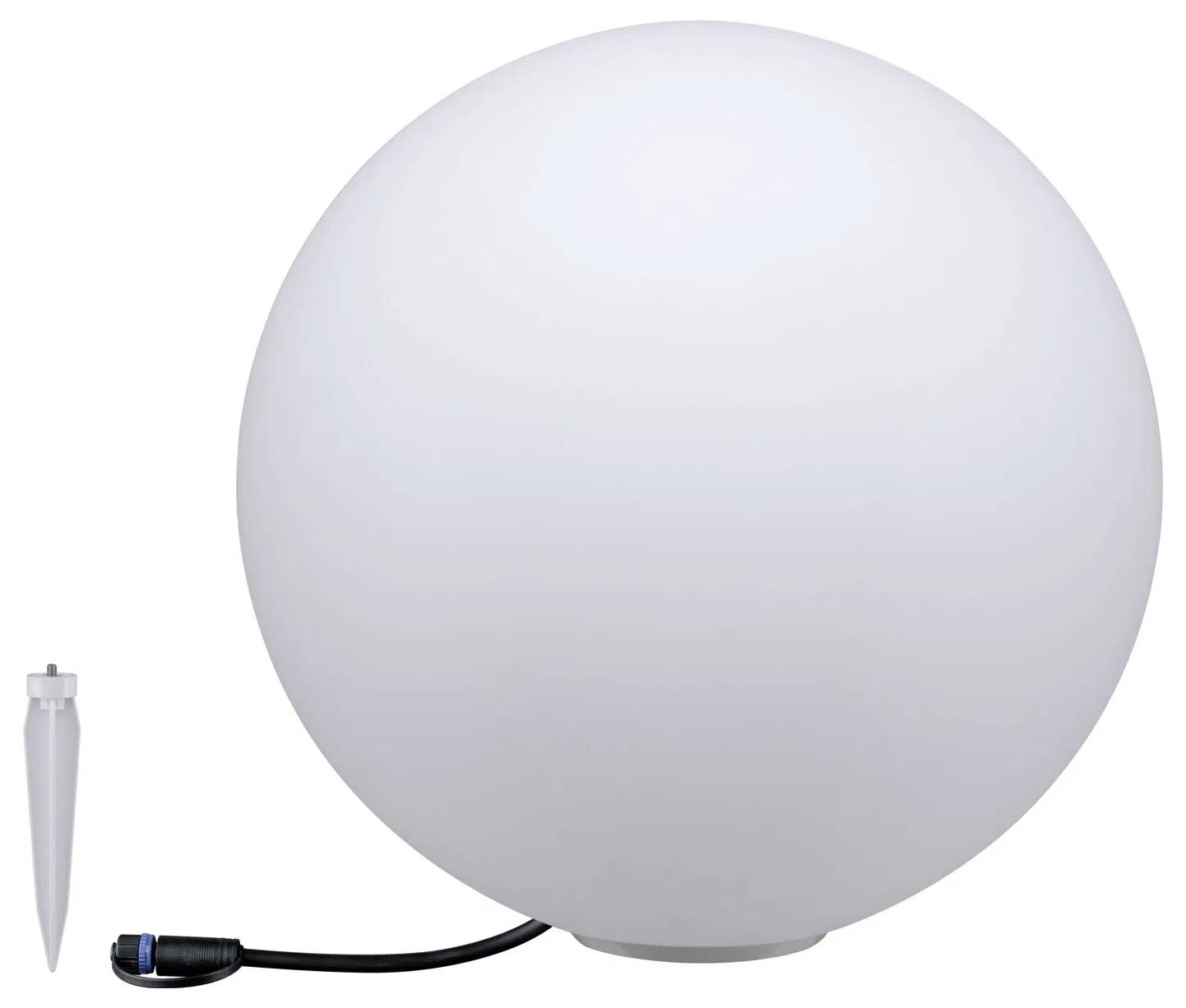 Lampe sphérique blanche avec câble, adaptée pour l'extérieur. À côté à gauche, un piquet de terre pour la fixation.