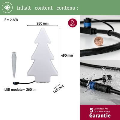 'Luminaire décoratif LED en forme d'arbre (280 mm x 490 mm) pour extérieur, flux lumineux : 260 lm, puissance : 2,8 W, indice de protection : IP67.'
