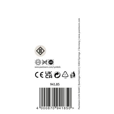 Étiquette avec symbole LED, marquage CE et UKCA, symbole de recyclage, code-barres et informations du fabricant Paulmann Licht GmbH.