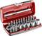 Une boîte à outils ouverte contenant différents embouts de tournevis et des clés à douille, rangés dans un coffret rouge.