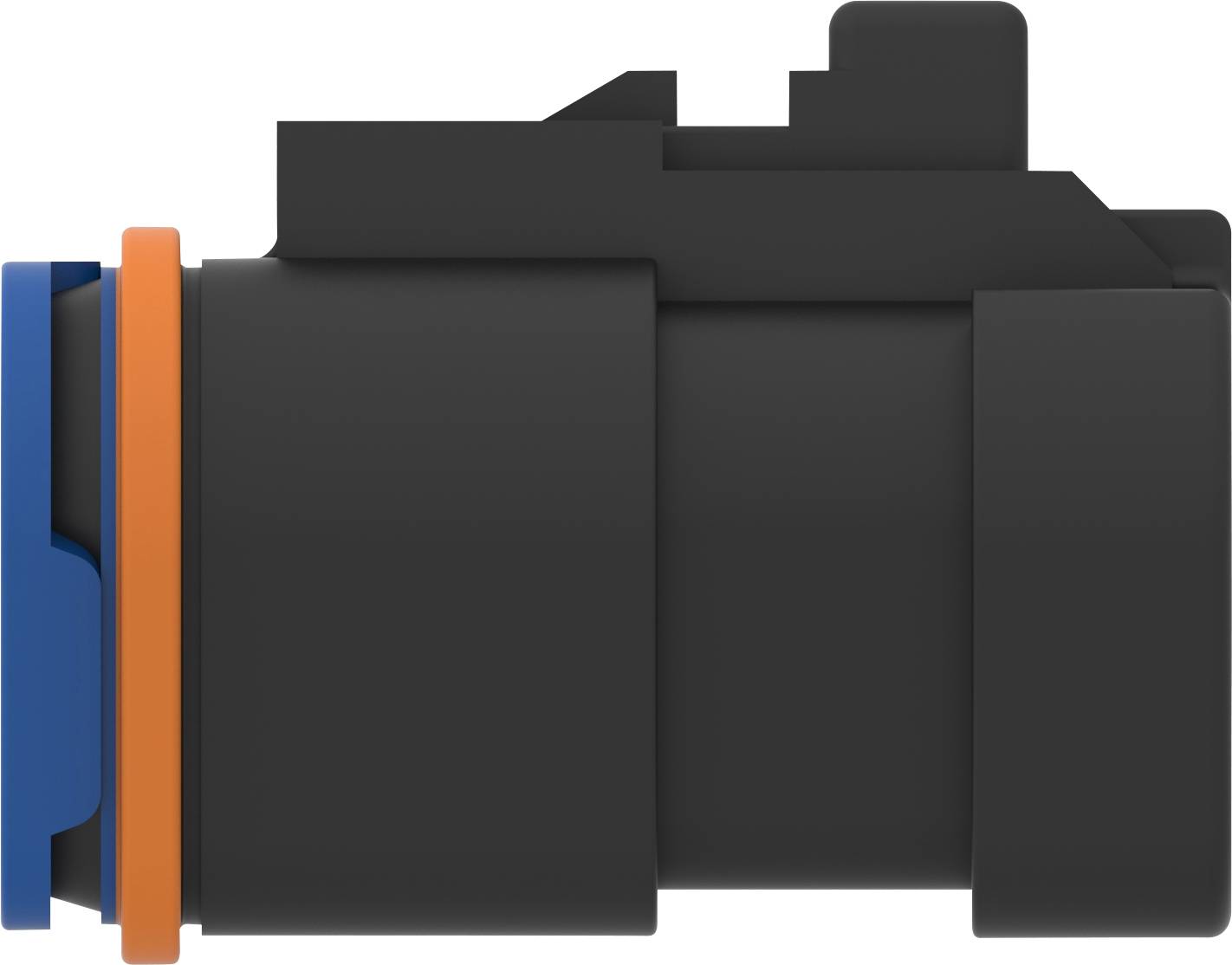 Un objet cylindrique noir avec des accents bleus et oranges, vu de côté. Probablement une pièce mécanique ou un adaptateur.