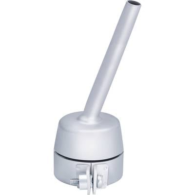 Antenne argentée avec un socle cylindrique et une tige inclinée vers le haut. Une pince de fixation se trouve en bas.