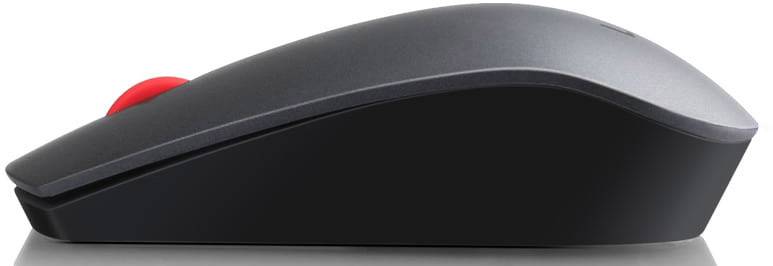 Vue latérale d'une souris d'ordinateur noire avec une molette de défilement rouge.