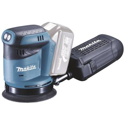 Ponceuse excentrique sans fil Makita, compacte avec poignée ergonomique et système de collecte des poussières, adaptée aux travaux de ponçage.