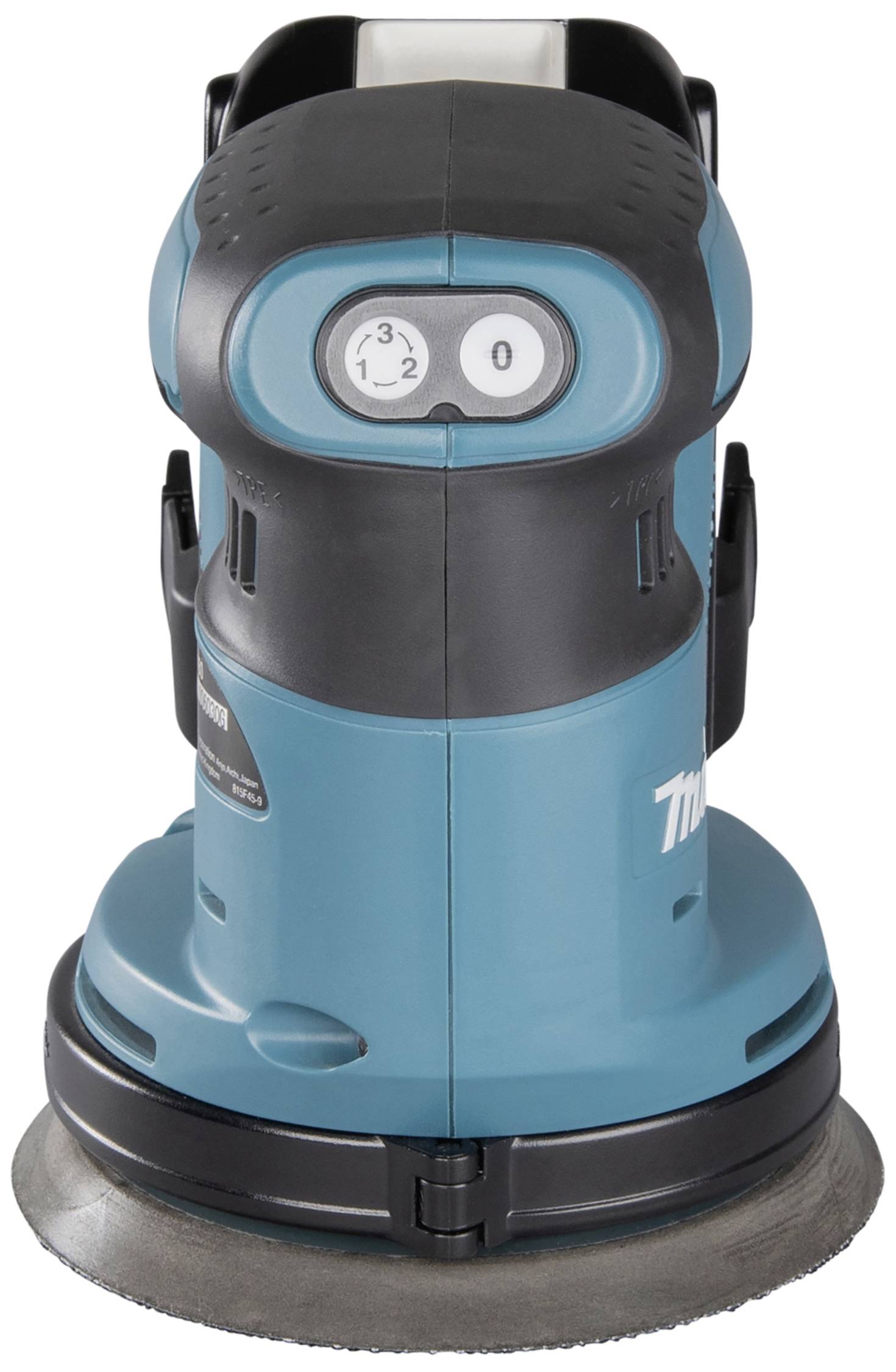 Meuleuse bleue avec poignée noire et sélecteur de vitesse, vue arrière. Utilisée pour lisser les surfaces.