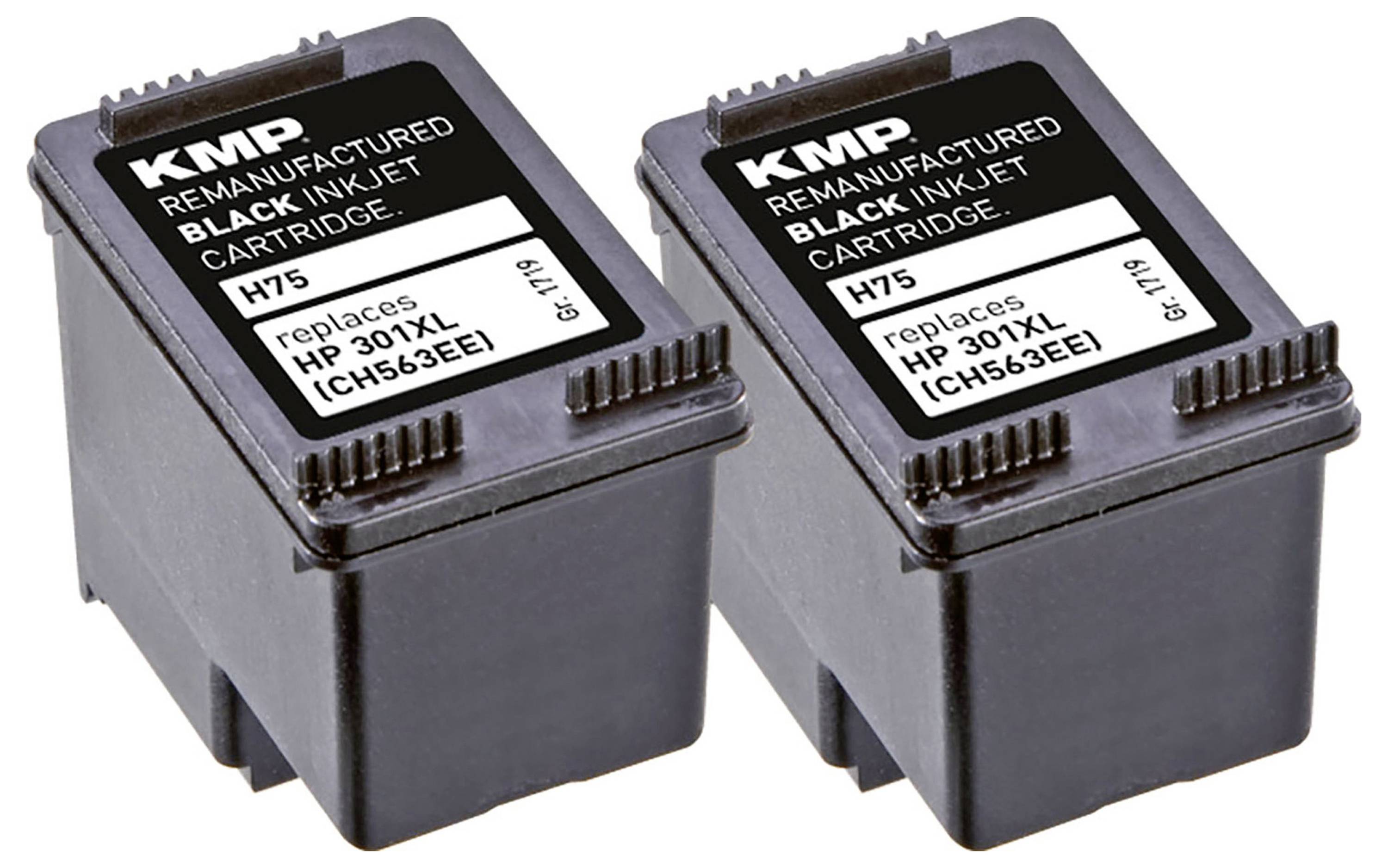 « Deux cartouches d'encre noires étiquetées comme remanufacturées par KMP pour imprimantes HP 301XL (CH563EE). »