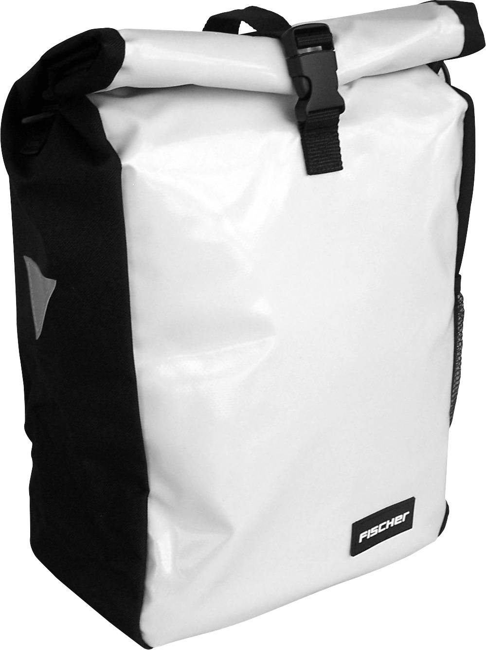 Sacoche de vélo imperméable blanche et noire avec fermeture à enroulement et bande réfléchissante latérale.