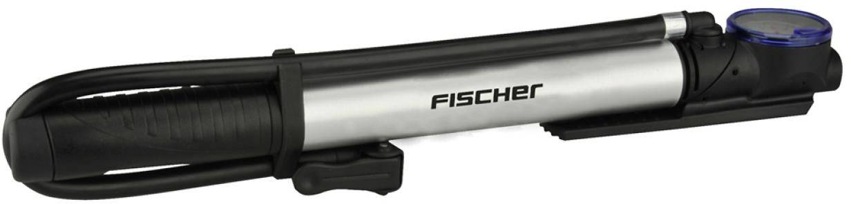 Pompe à vélo argentée avec logo 'Fischer' et poignée noire, adaptée à différents types de valves.