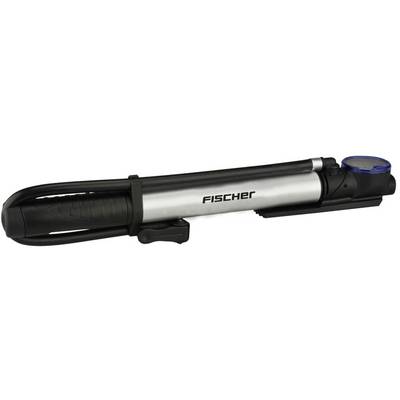 Pompe à vélo argentée avec logo 'Fischer' et poignée noire, adaptée à différents types de valves.
