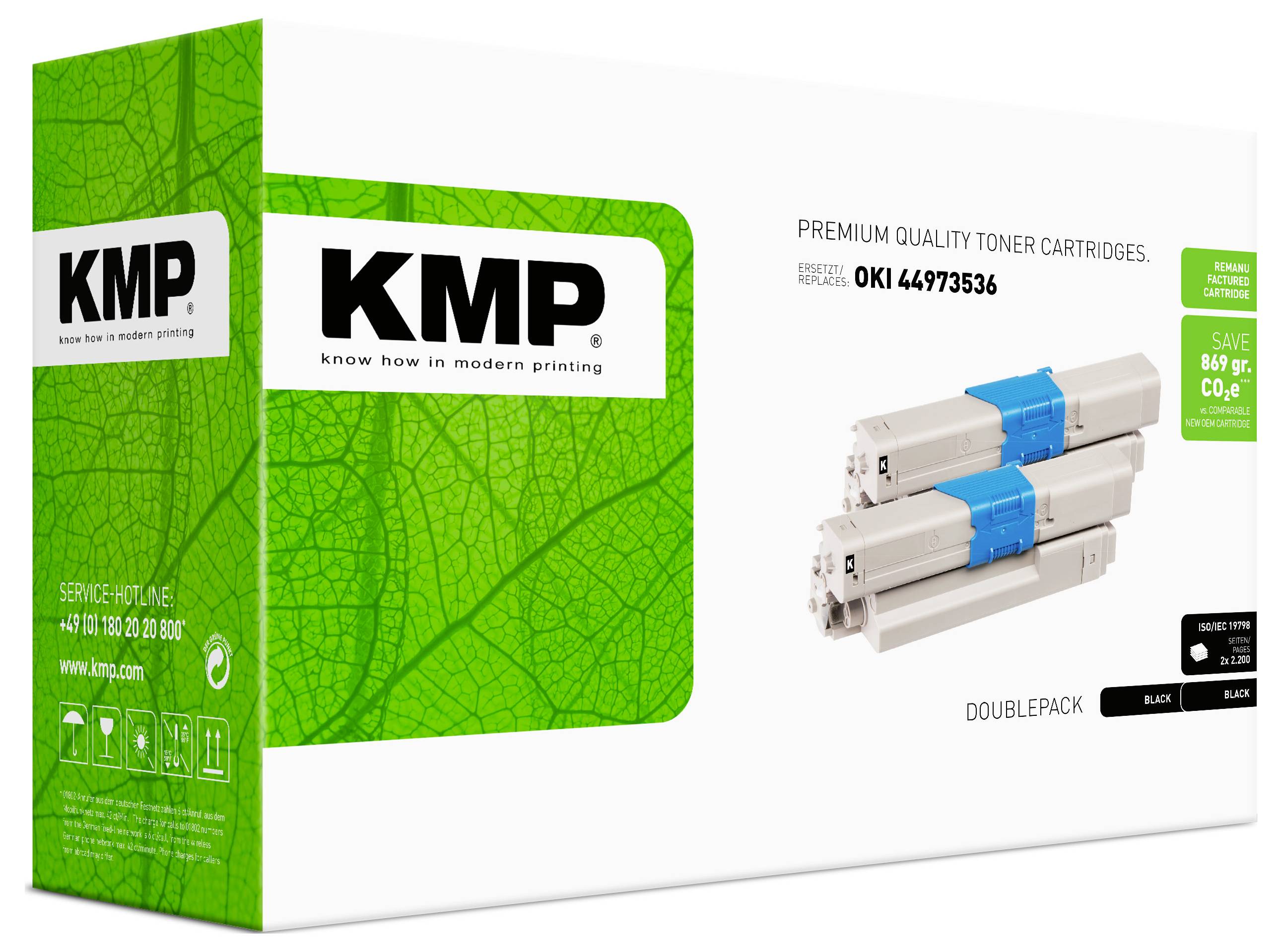 Cartouches de toner de qualité premium KMP pour OKI 44973536, présentant deux cartouches de toner noir et emballage recyclé.