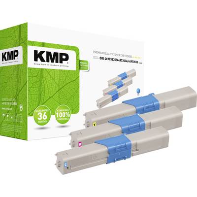 Trois cartouches de toner compatibles devant un emballage avec le logo KMP. Sur la boîte, il est écrit : « Cartouches de toner de qualité premium ».
