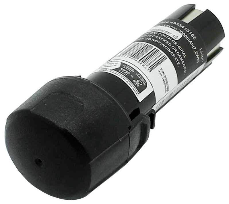 Une batterie cylindrique au lithium-ion noire avec une étiquette affichant le numéro de modèle et les instructions de sécurité.