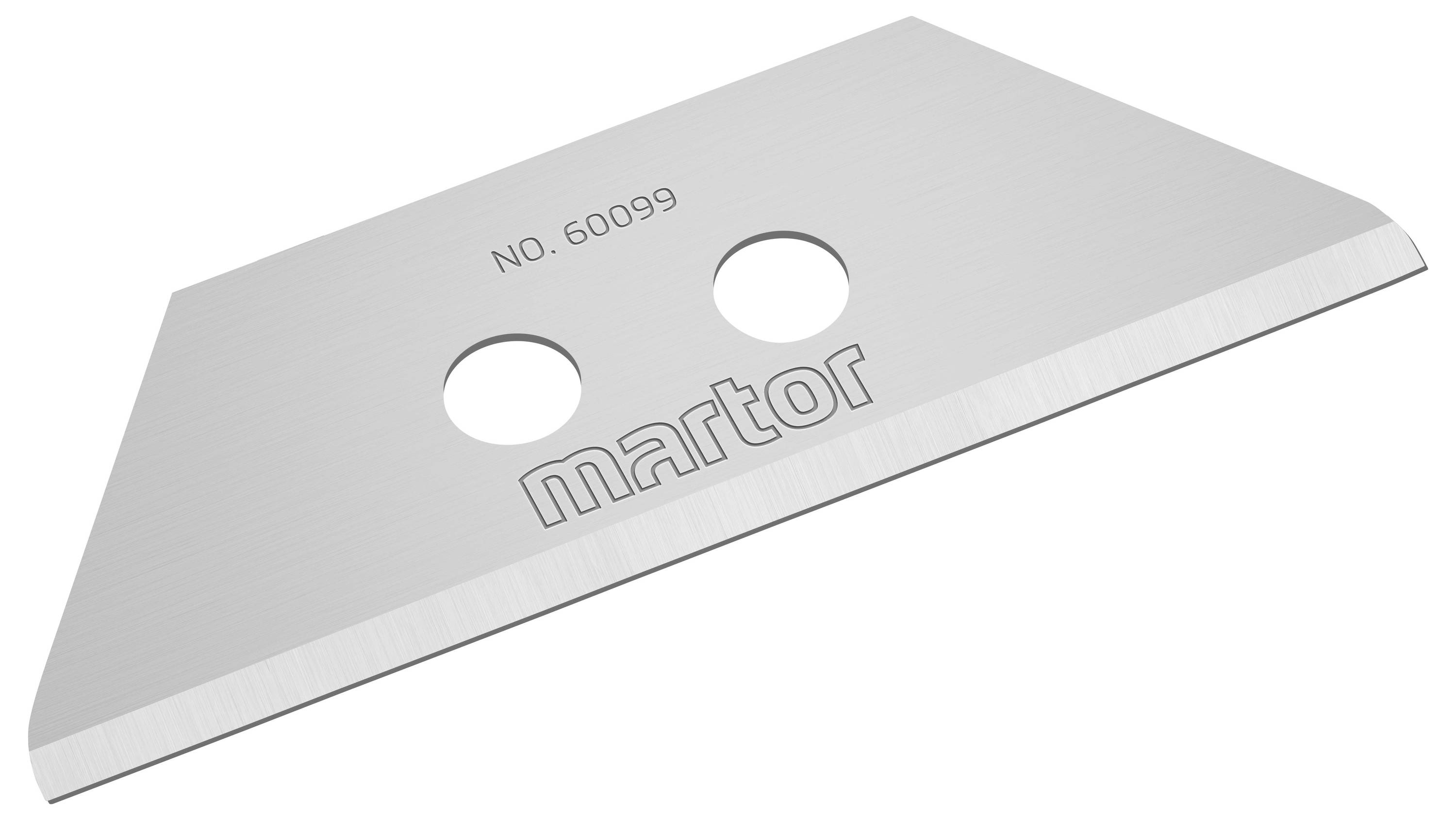 Lame de sécurité avec deux trous et l'inscription « No. 60099 » et « martor » sur la surface, spécialement conçue pour les couteaux de sécurité Martor.