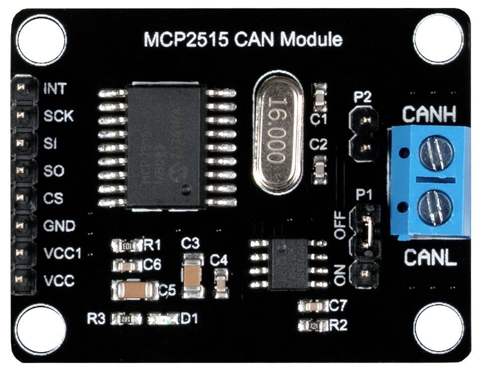 Module CAN MCP2515 noir avec plusieurs circuits intégrés et connexions pour CANH et CANL, utilisé pour la communication réseau.