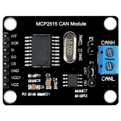 Module CAN MCP2515 noir avec plusieurs circuits intégrés et connexions pour CANH et CANL, utilisé pour la communication réseau.