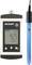 Appareil de mesure de pH portable avec affichage numérique indiquant 'pH 4,25' et '25°C' ; électrode bleue de mesure située à côté à droite.