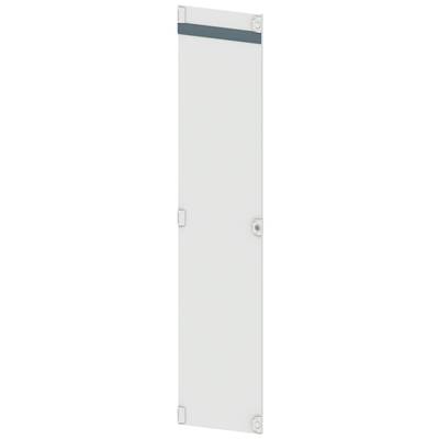 Porte blanche et étroite avec des charnières argentées et une bande sombre en haut.