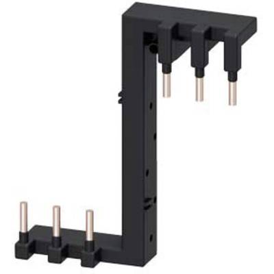 Un adaptateur noir en forme de L avec plusieurs broches sortant vers le haut et sur le côté. Conçu pour des connexions électriques.