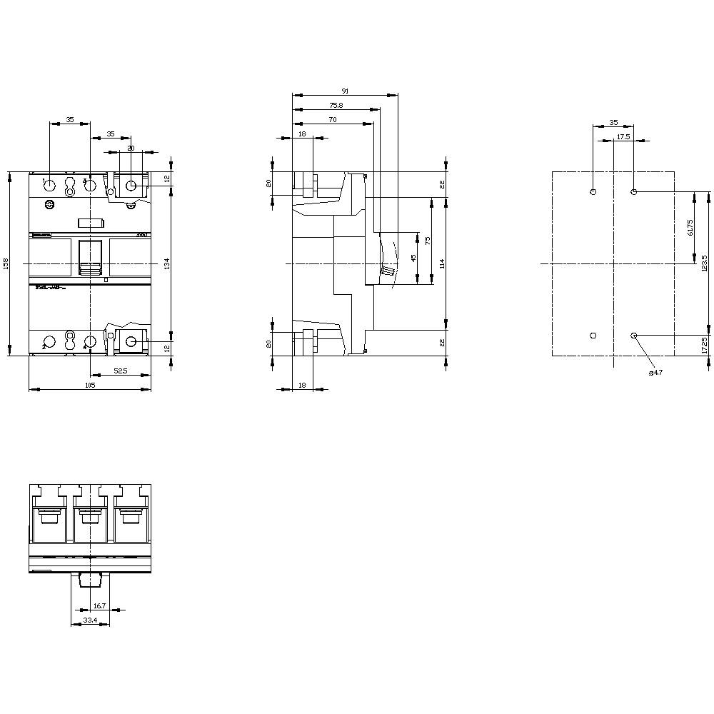Dessin technique d'un appareil de commutation avec dimensions en millimètres. Présente différentes vues : vue de face, vue latérale, vue de dessus.