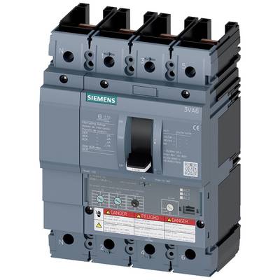 Un disjoncteur de puissance Siemens 3VA6 à quatre pôles avec levier central. Un autocollant en bas avertit des dangers électriques.