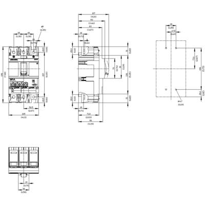 Dessin technique d'un disjoncteur tripolaire avec dimensions et unités de mesure en millimètres, présentant les vues de face et de côté.