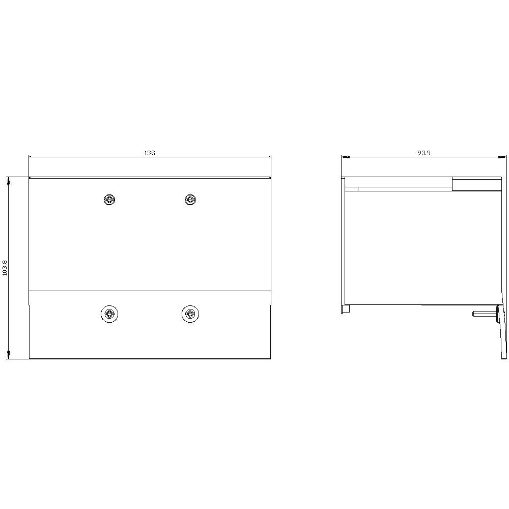Dessin technique représentant deux vues d'un objet rectangulaire, dimensions 138 x 93,9, montrant les perçages et la vue de côté.