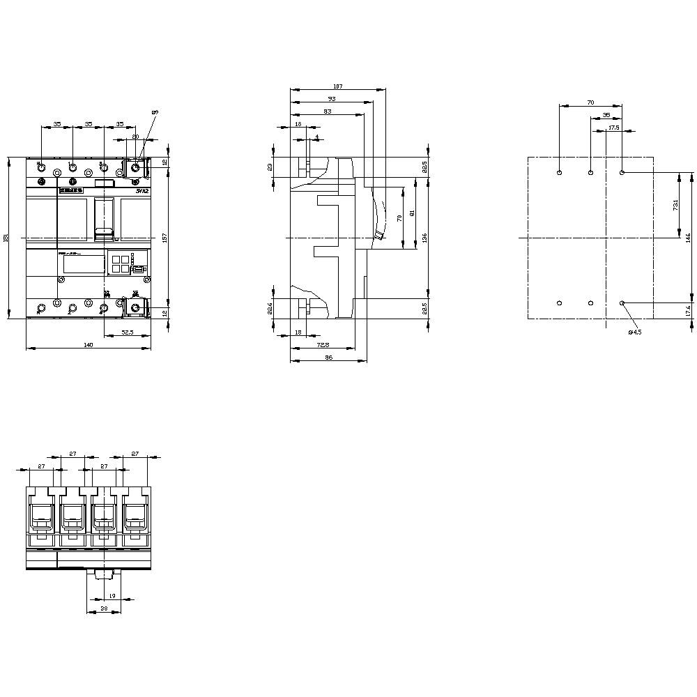 Dessin technique d'un appareil de commutation électrique avec vues de face et de côté. Les dimensions, échelles et raccordements sont représentés.