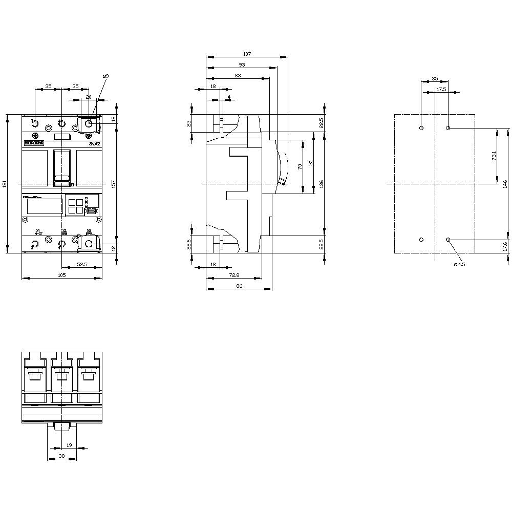 Dessin technique d'un disjoncteur tripolaire avec des dimensions détaillées dans plusieurs vues.