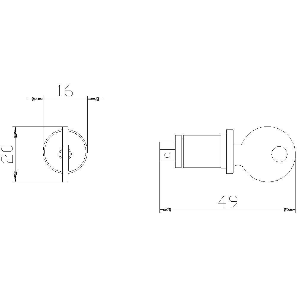 Dessin technique d'un composant cylindrique avec dimensions : diamètre 16 mm, longueur 49 mm. Vue de face et de côté.