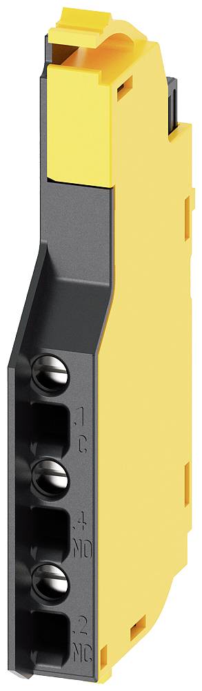 Boîtier de relais de sécurité jaune avec plusieurs connexions enfichables et un avant noir. Utilisé dans les systèmes électriques pour le contrôle.