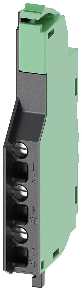 Un interrupteur électrique étroit de couleur verte, disposé verticalement, avec des bornes de connexion noires sur le côté.