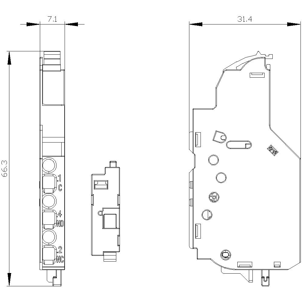 Dessin technique d'un composant électrique avec indications dimensionnelles. La hauteur est de 66,3 mm, la largeur de 31,4 mm et la profondeur de 7,1 mm.