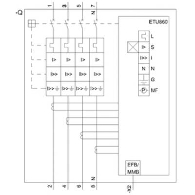 Dessin technique d'un dispositif de protection électrique avec des annotations et des interrupteurs. En haut à gauche est inscrit 'Q', en haut à droite 'ETU860'.
