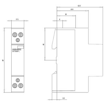 Dessin technique d'un composant électrique avec dimensions. Vue de face à gauche, vue latérale à droite. Dimensions principales : largeur 17,5 mm, profondeur 62,9 mm, hauteur 90 mm.
