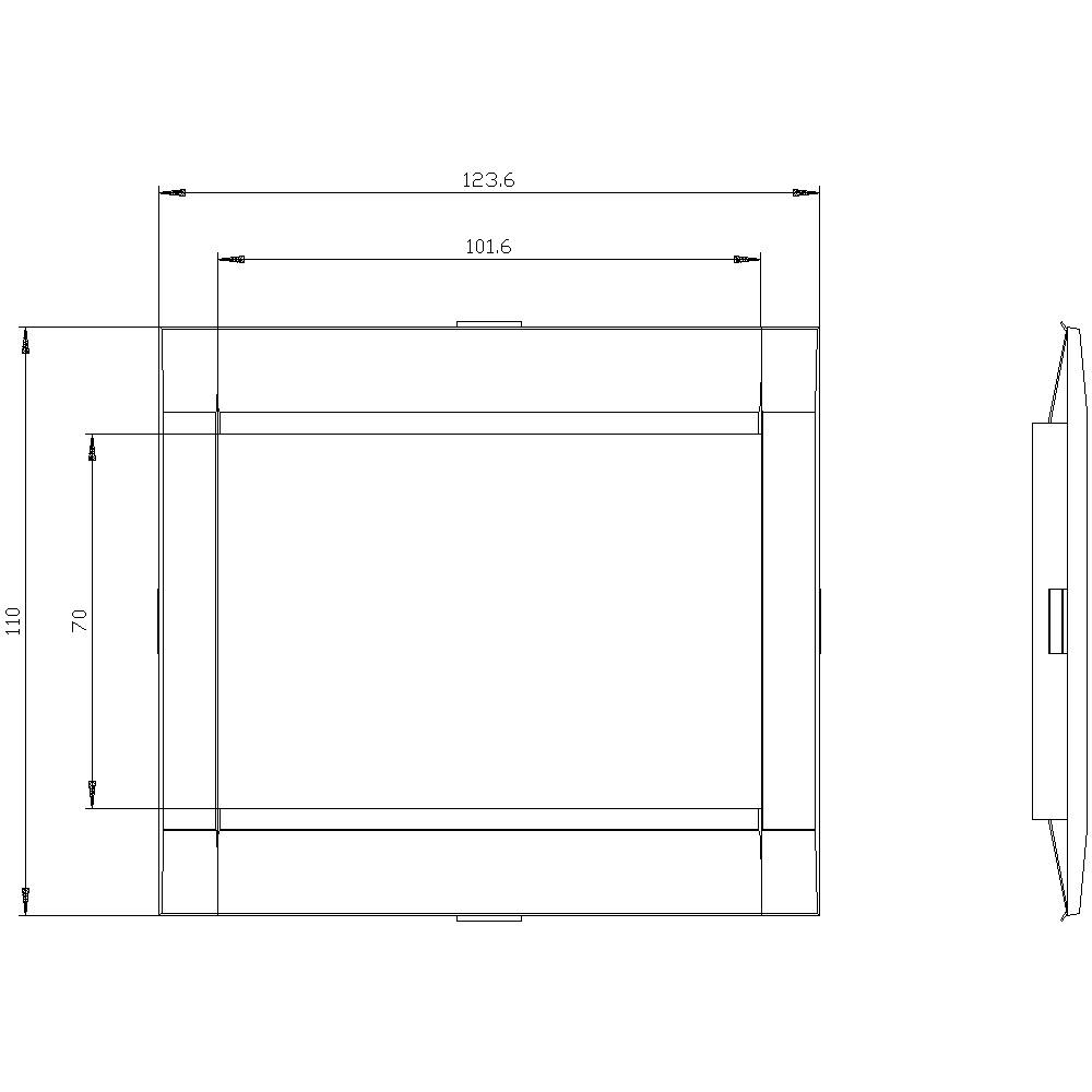 Dessin technique d'un cadre rectangulaire avec dimensions : 110x70mm, largeur totale 123,6mm et largeur intérieure 101,6mm. Vue de dessus et vue de côté.