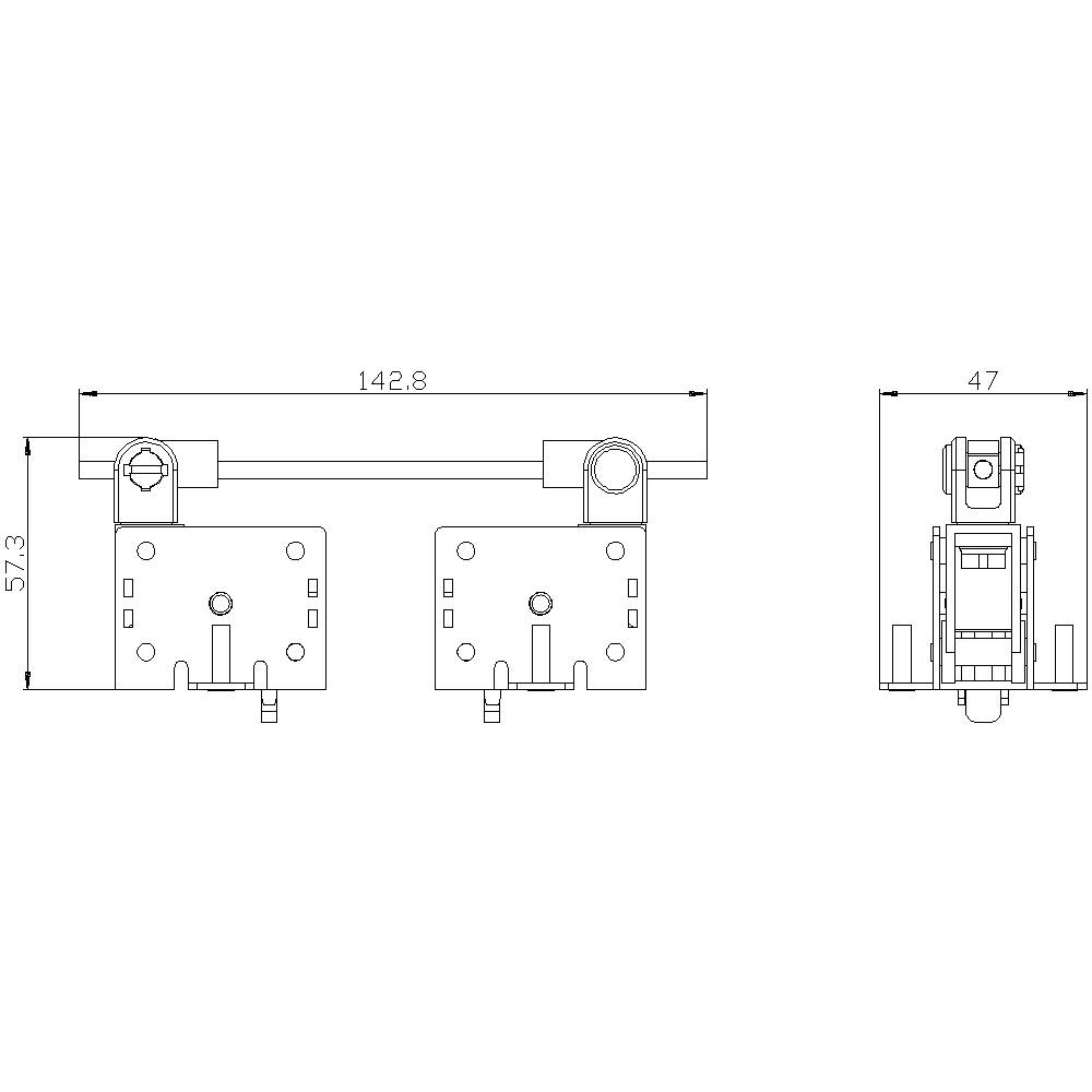 Dessin technique d'un support avec dimensions. En haut : largeur de 142,8 mm, hauteur de 57,3 mm. Vue latérale droite : profondeur de 47 mm.