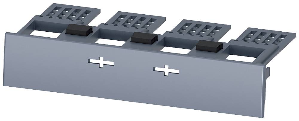 Une pièce en plastique grise avec des découpes rectangulaires et des signes plus. Elle semble être un composant fonctionnel.