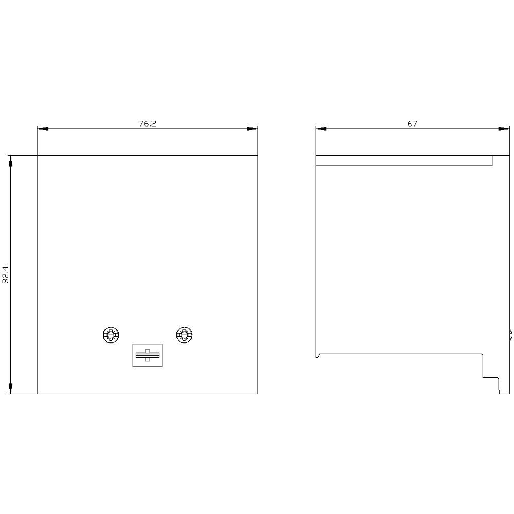 Dessin technique d'un objet rectangulaire avec les dimensions suivantes : largeur 76,2 cm, hauteur 82,4 cm, profondeur 67 cm. Présente les vues de face et de côté.