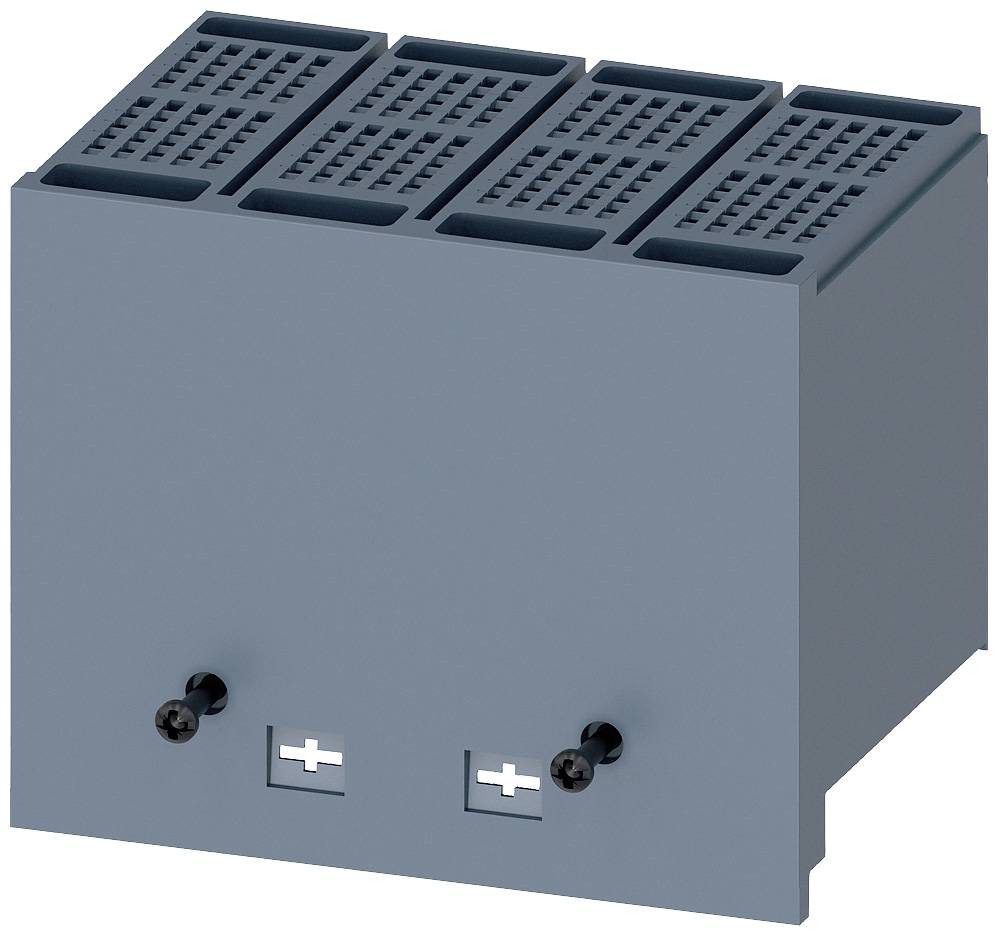 Composant électronique gris rectangulaire avec plusieurs fentes de ventilation en haut et deux trous de vis en bas.